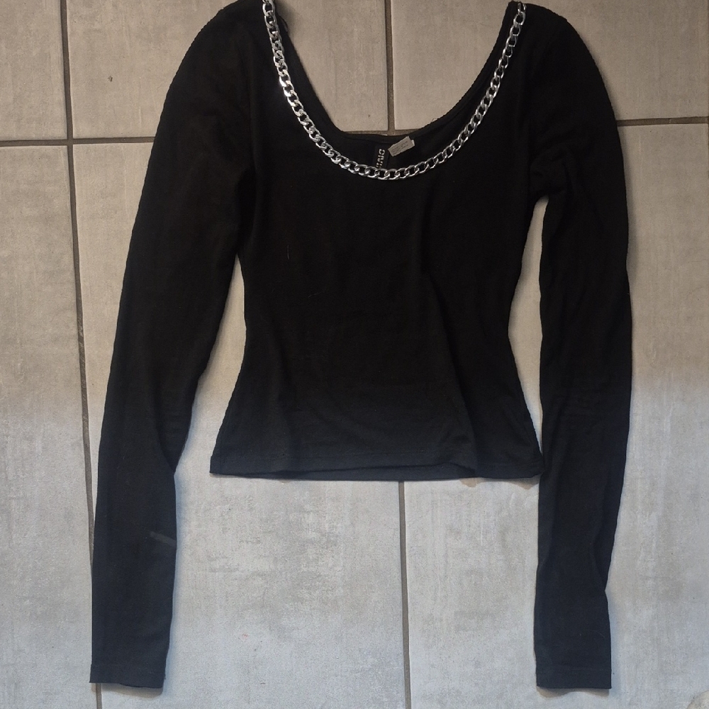 H&M Black Long Sleeve Top with Chain Accent